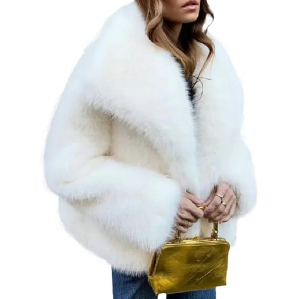 Cropped Faux Fur Jacket Lapel Collar Winter Warm Fluffy Shaggy Coat